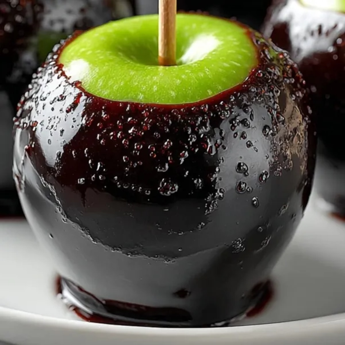 Halloween Poison Apple Black Caramel Apples, a spooky treat ready for dipping and setting.