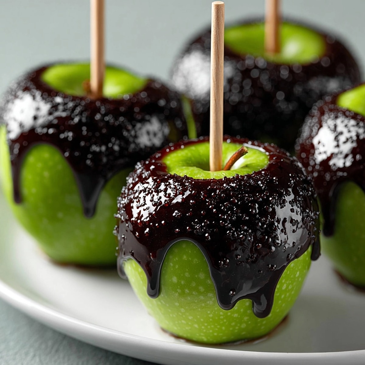 Close-up of shiny black Halloween Poison Apple Black Caramel Apples cooling on parchment paper.