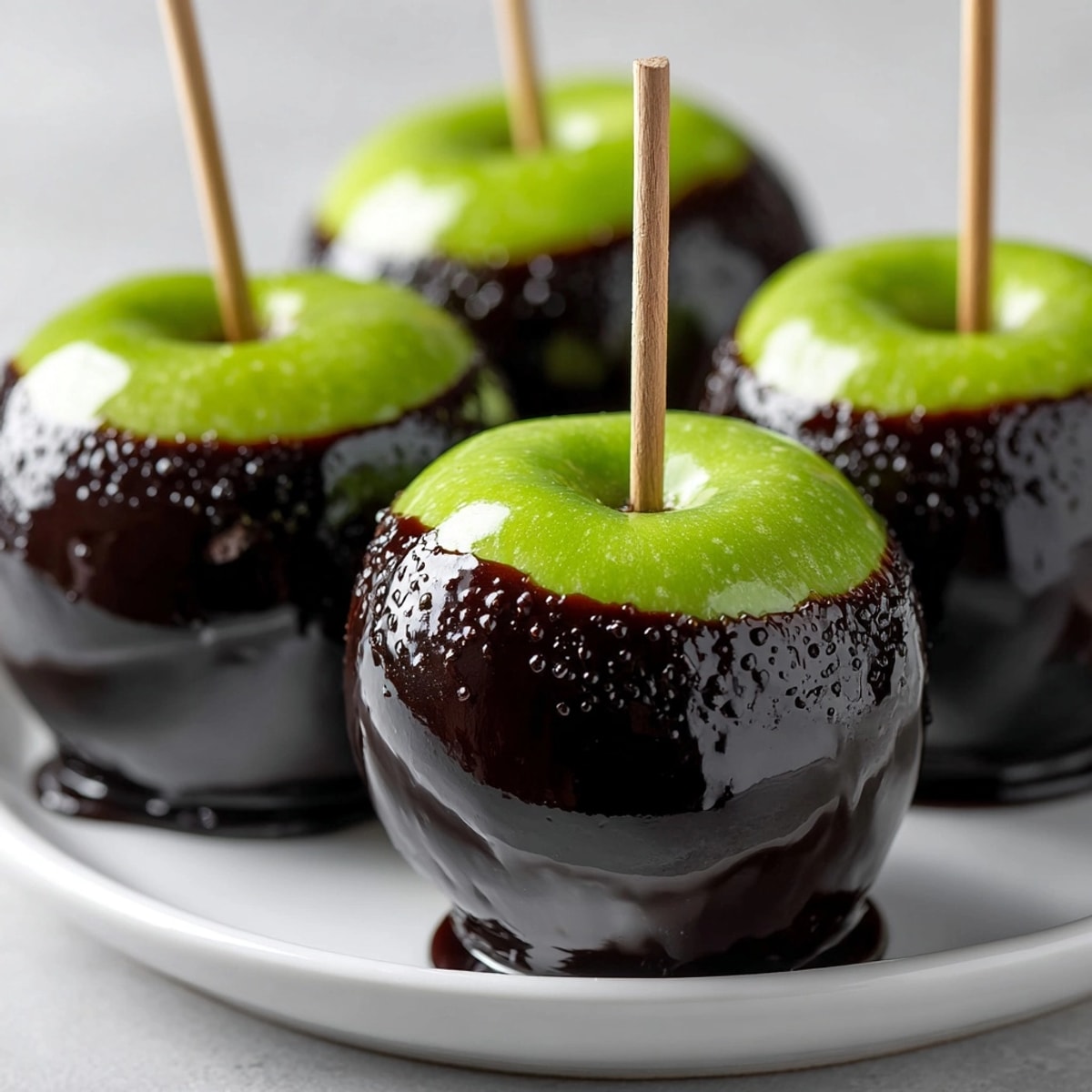 Rich, dark Halloween Poison Apple Black Caramel Apples with a hard, crackling caramel shell.