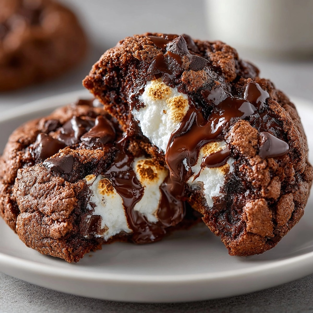 Warm, gooey Spiced Hot Chocolate Cookies with Marshmallow Centers, fresh from the oven, ready to eat.