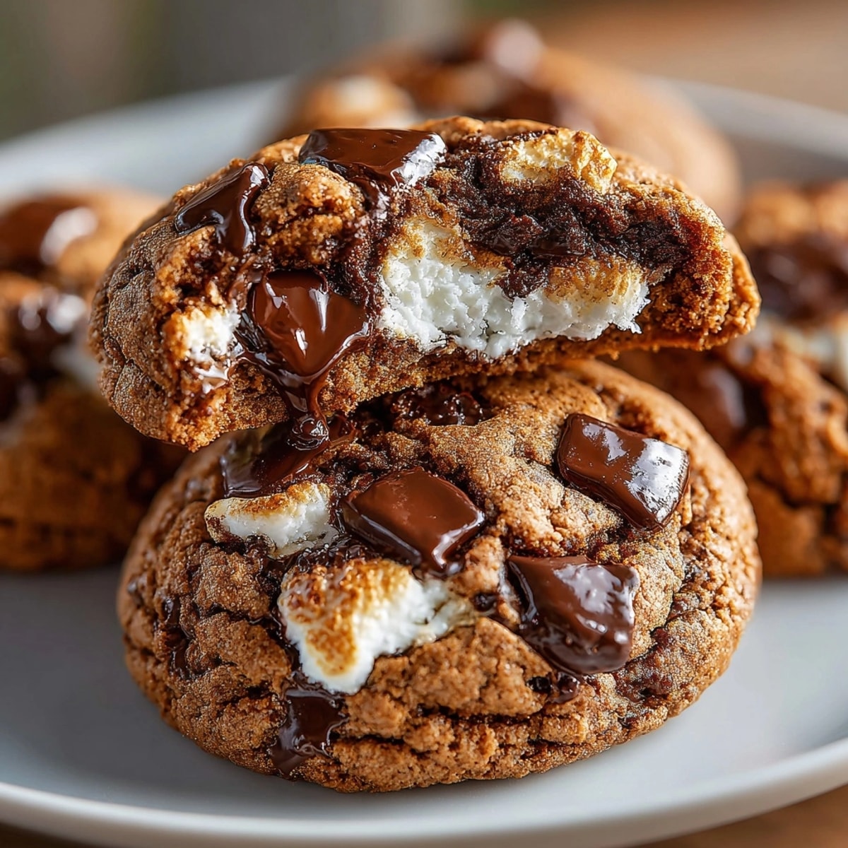 Close-up of Spiced Hot Chocolate Cookies, showing melted marshmallow oozing from a decadent, spiced chocolate cookie.