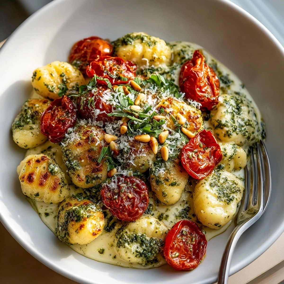 Creamy Roasted Tomato & Pesto Gnocchi Skillet: Bubbling cheese, fragrant steam, ready to serve.