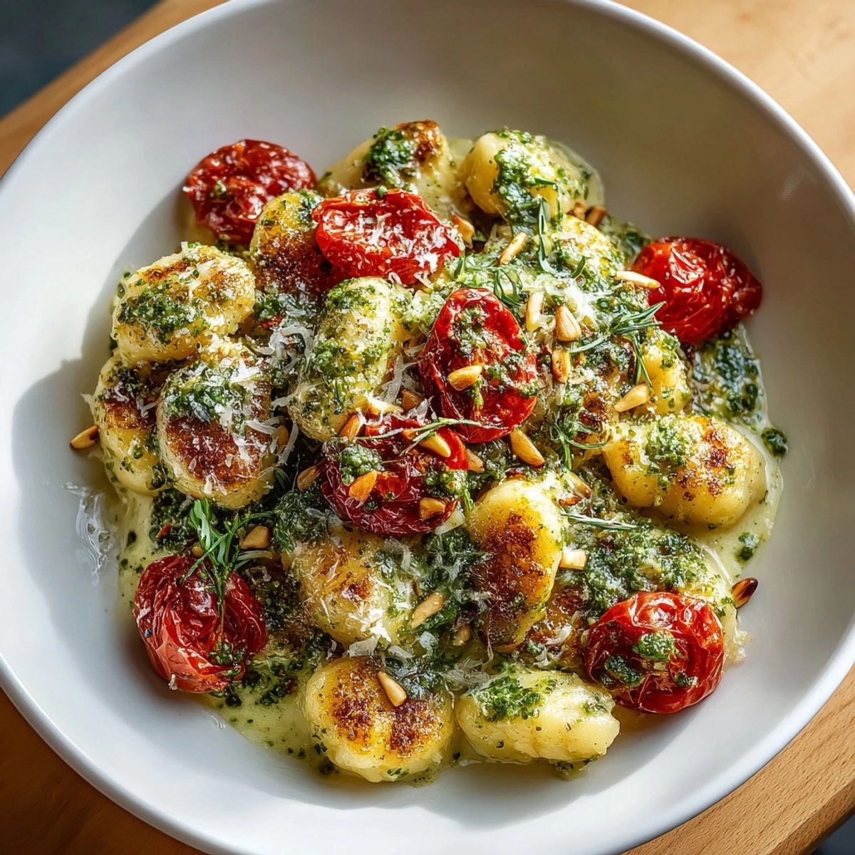 Golden Creamy Roasted Tomato &amp; Pesto Gnocchi Skillet; easy, delicious weeknight dinner idea.