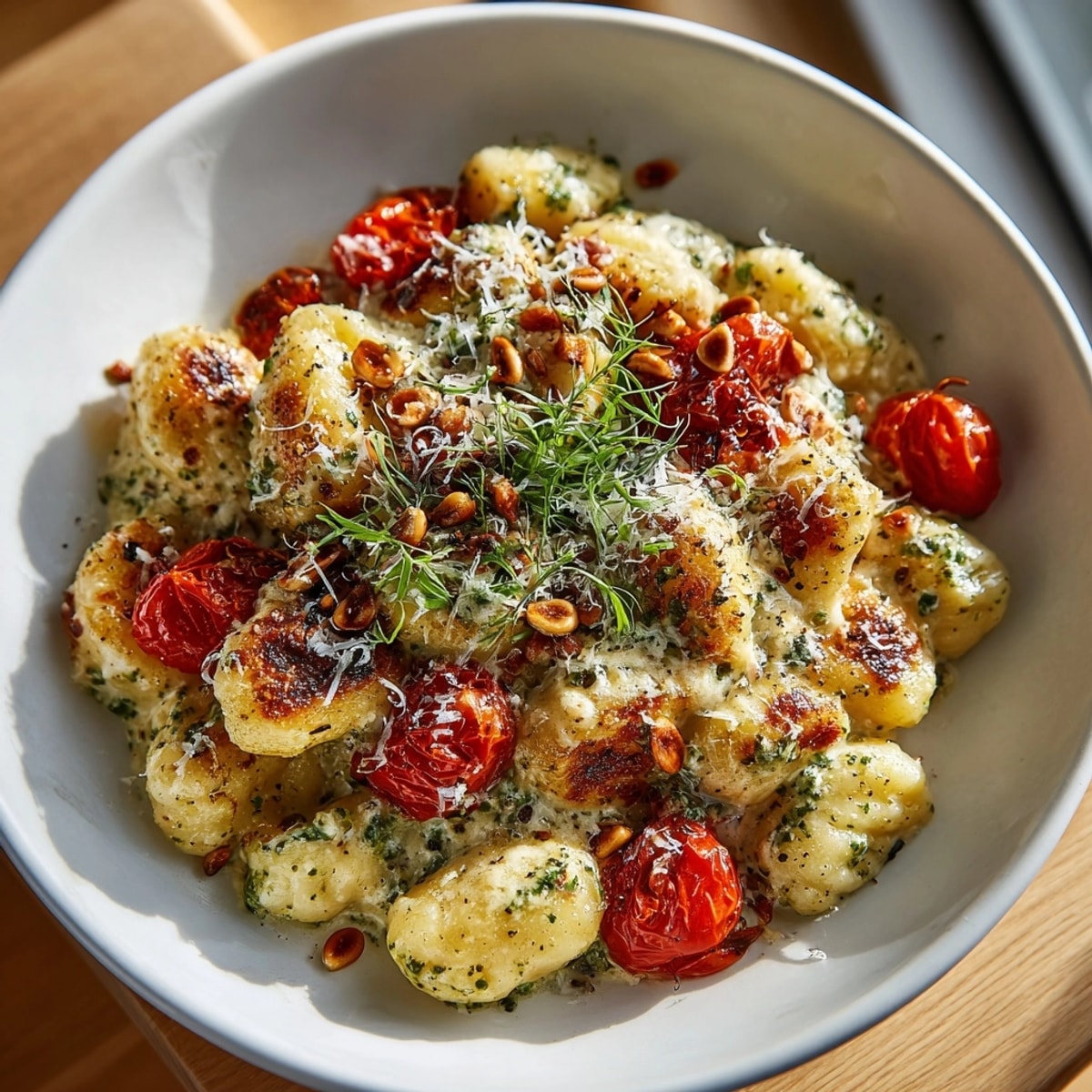 Close-up of a Creamy Roasted Tomato &amp; Pesto Gnocchi Skillet, topped with fresh basil.