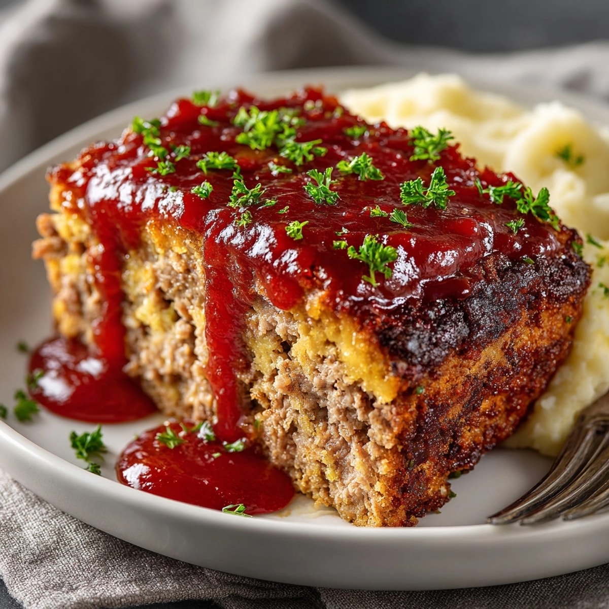 Warm, savory Old-Fashioned Meatloaf with a rich, tangy tomato gravy, ready to serve.