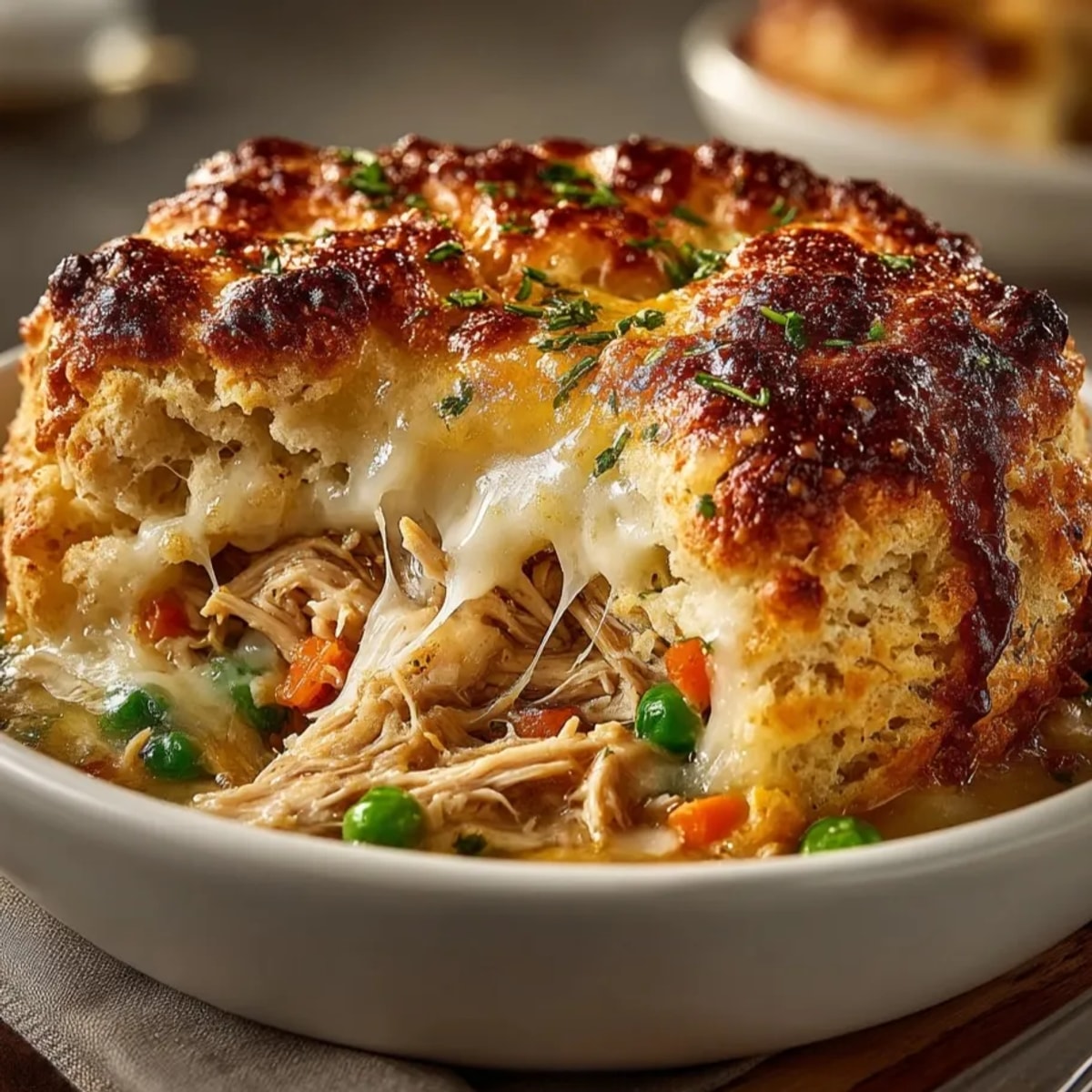 Golden, bubbling Cheddar & Chicken Pot Pie awaits, topped with flaky biscuit crust.