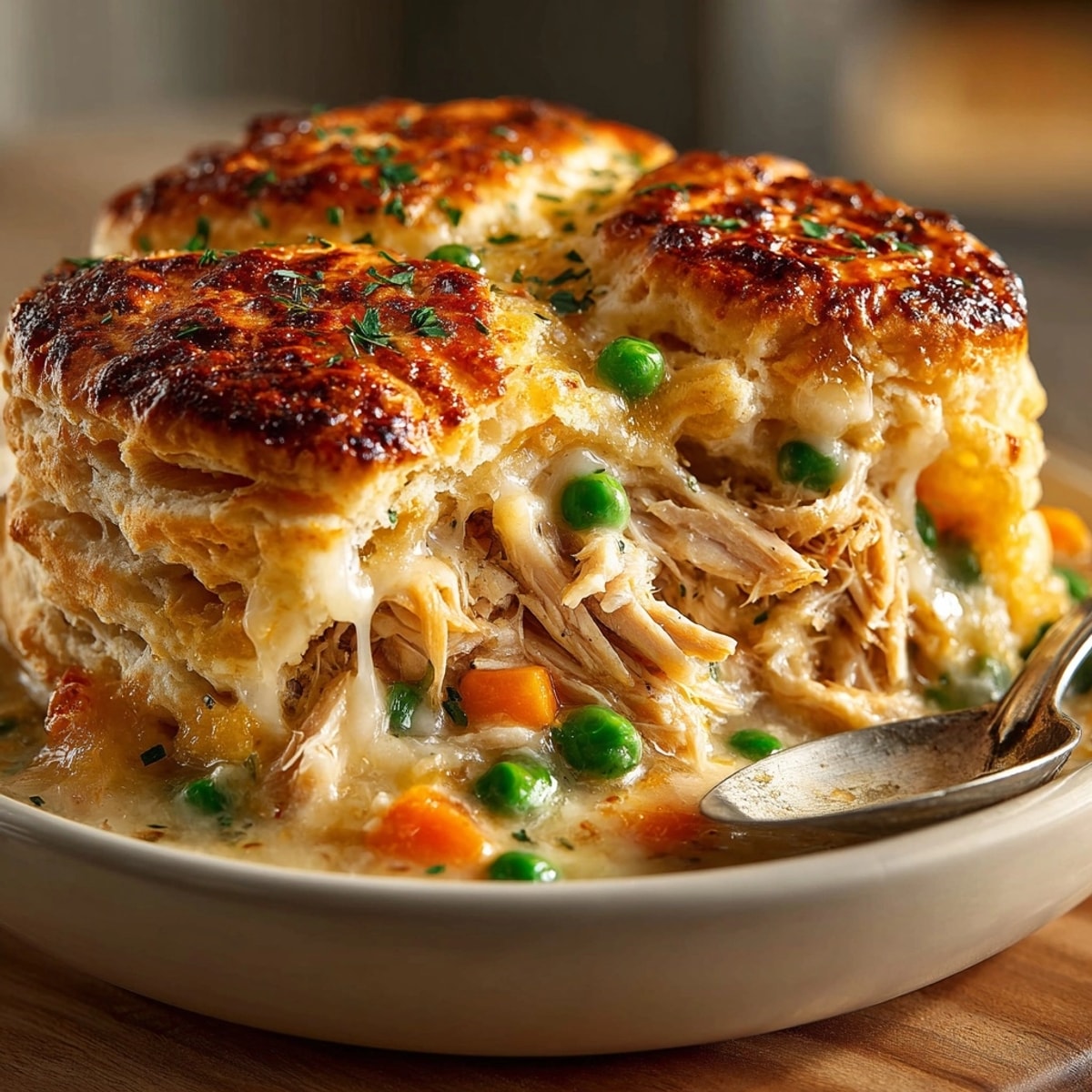 Creamy Cheddar & Chicken Pot Pie: comforting family dinner with cheesy biscuit topping.