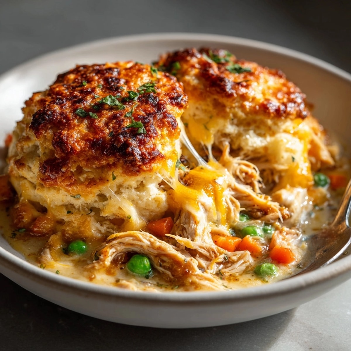 Homemade Cheddar Chicken Pot Pie – warm, savory filling peeking through golden biscuits.