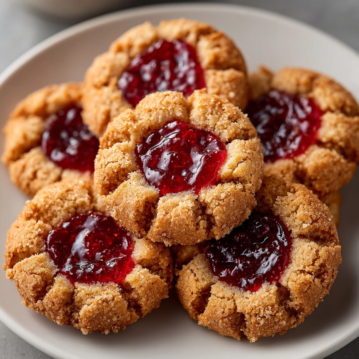 Golden PB&J Thumbprint Cookies, warm from the oven, filled with bright strawberry.
