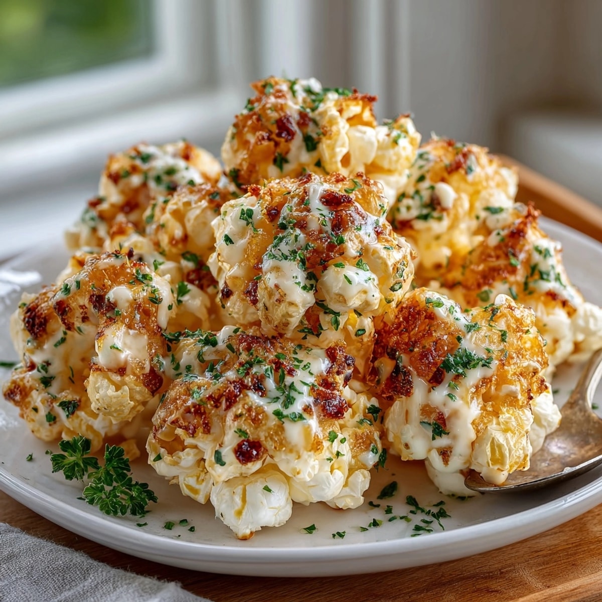 Warm, aromatic Parmesan Ranch Popcorn Clusters, ready to be served for a fun appetizer!