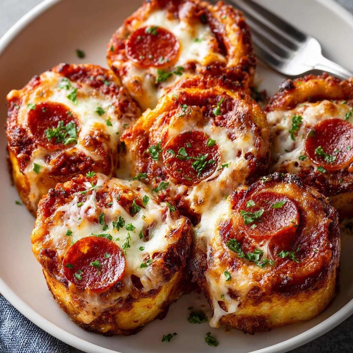 Golden-brown, crispy Air Fryer Pepperoni Pizza Rolls, ready to dip in warm marinara.