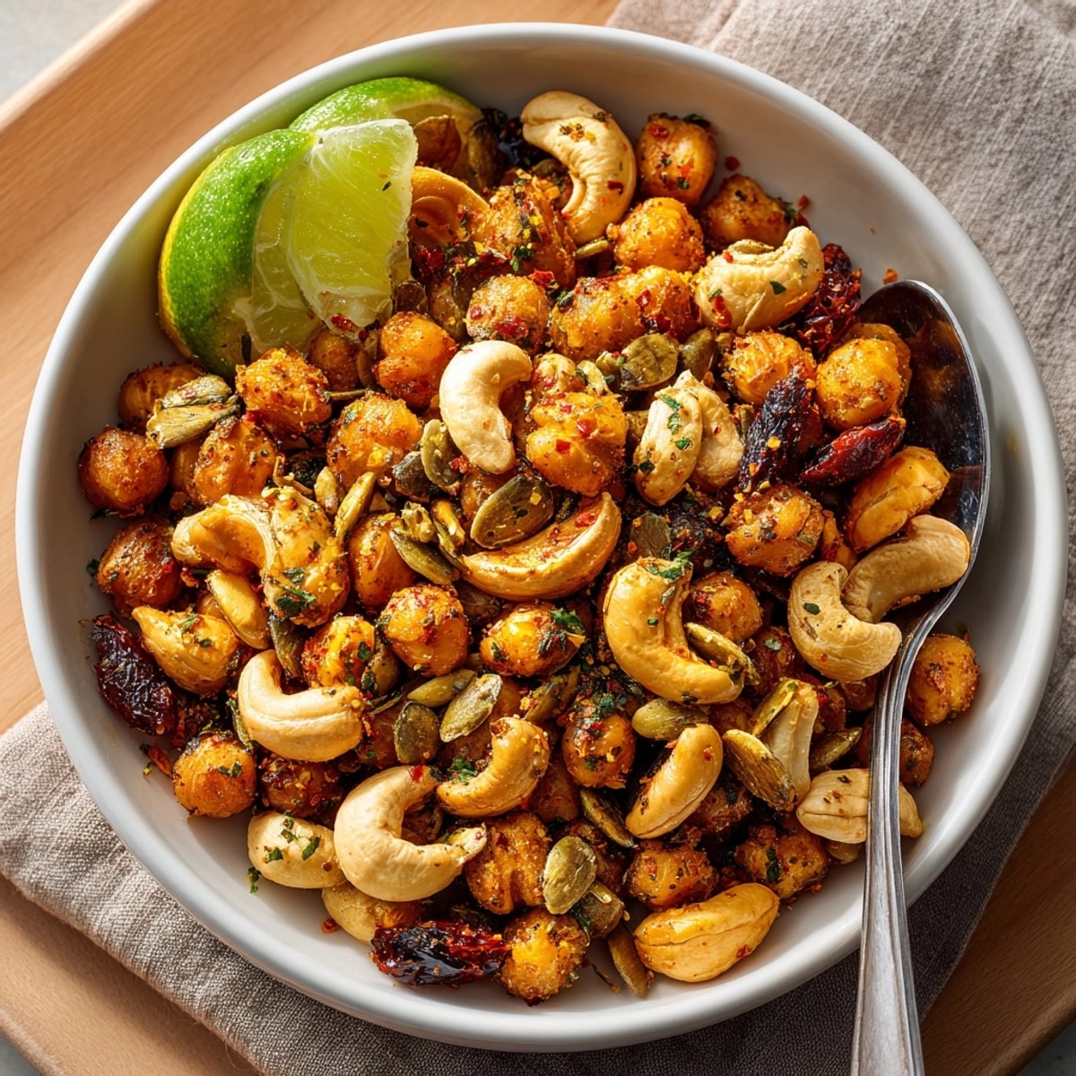 Crispy Chili-Lime Chickpea Snack Mix: seasoned chickpeas, toasted nuts, vibrant and aromatic.