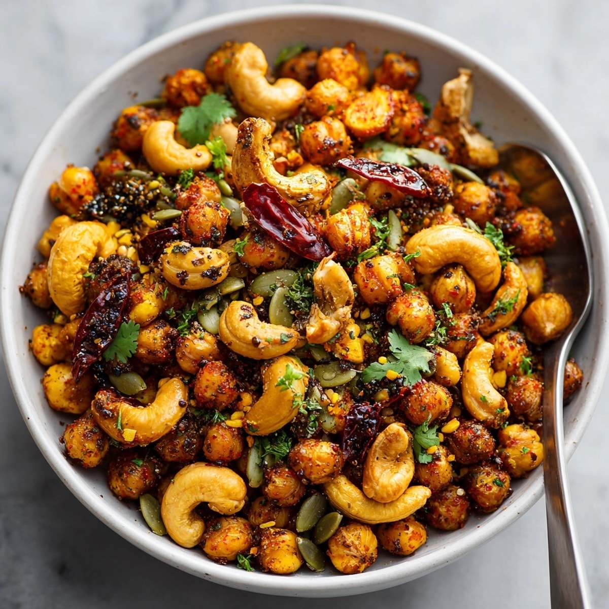 Savory Chili-Lime Chickpea Snack Mix recipe: crunchy, spicy, and delightfully citrusy closeup.
