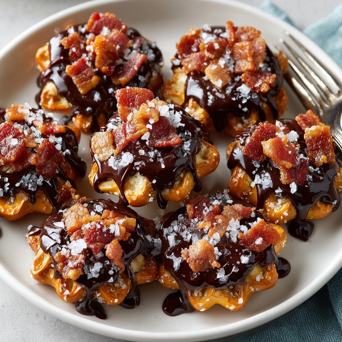Maple Bacon Chocolate Pretzel Bites: Sweet, smoky nibbles cooling on parchment after baking.
