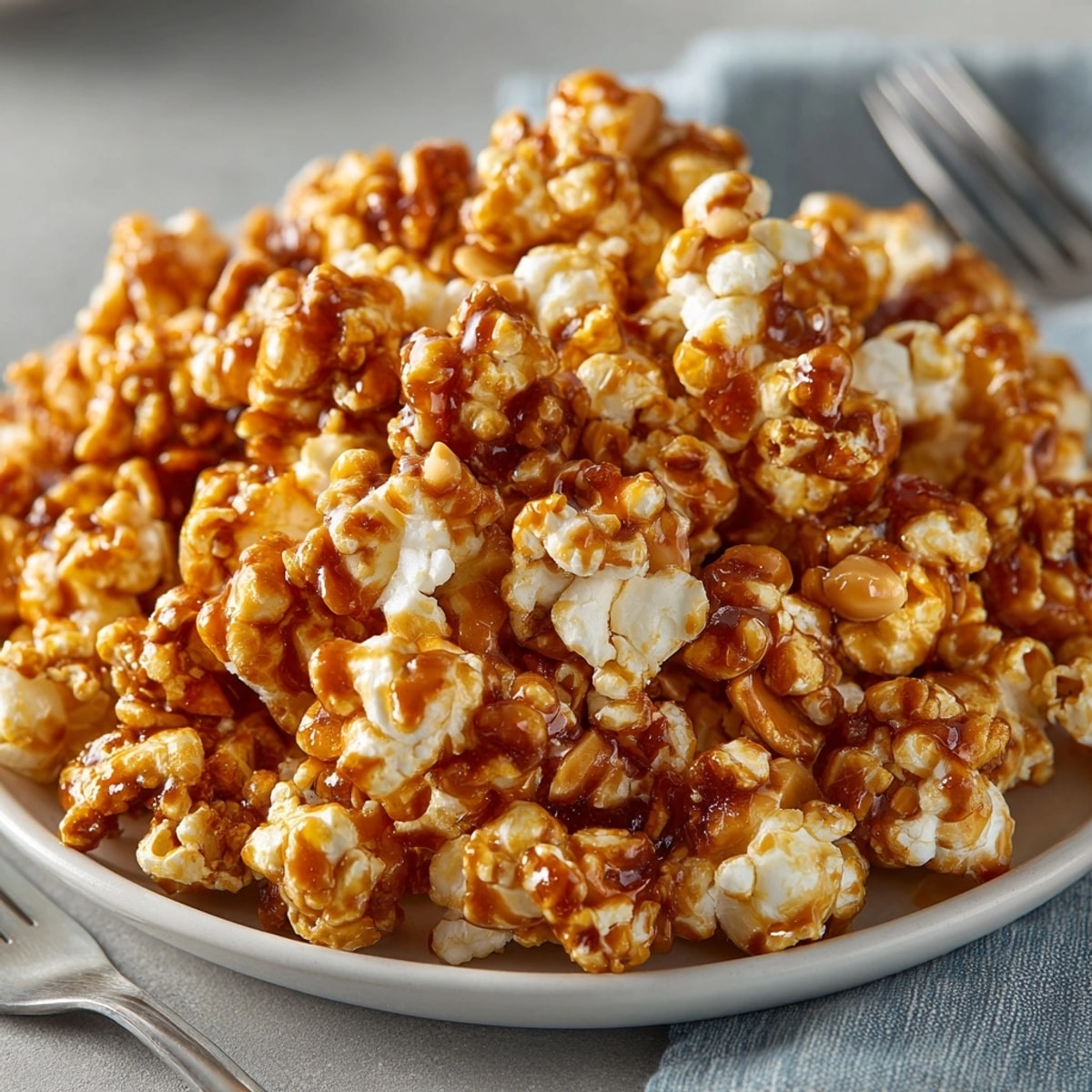 Homemade Peanut Butter Caramel Popcorn Twists cooling, glistening, perfect for movie night snacking.