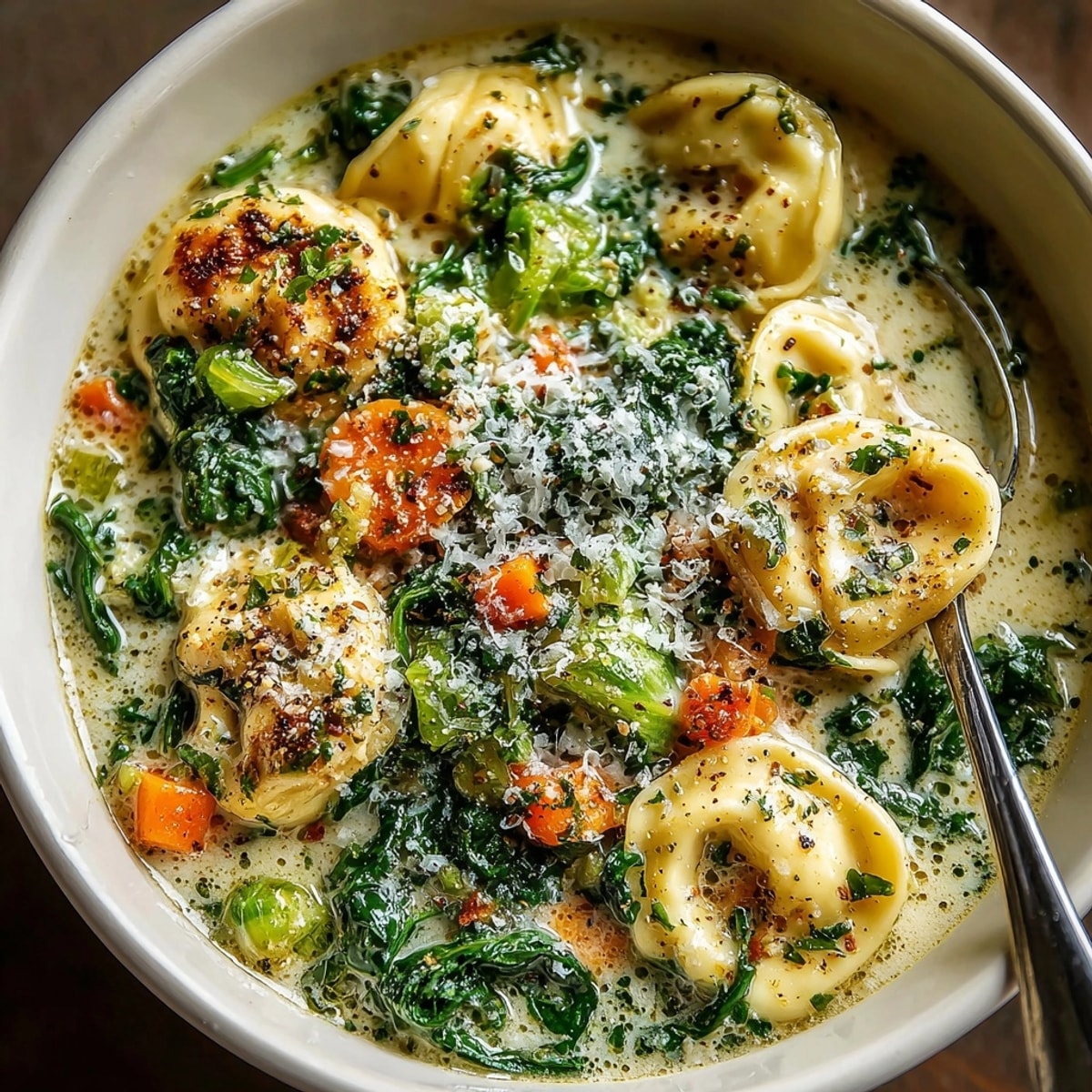 Creamy Spinach Tortellini Soup, a comforting bowl of cheesy pasta and vibrant green spinach.