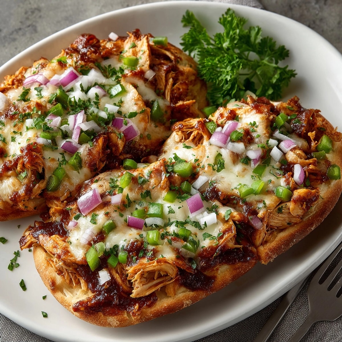 Golden-brown BBQ Chicken Flatbread Melts bubbling with melted cheese, ready to serve.
