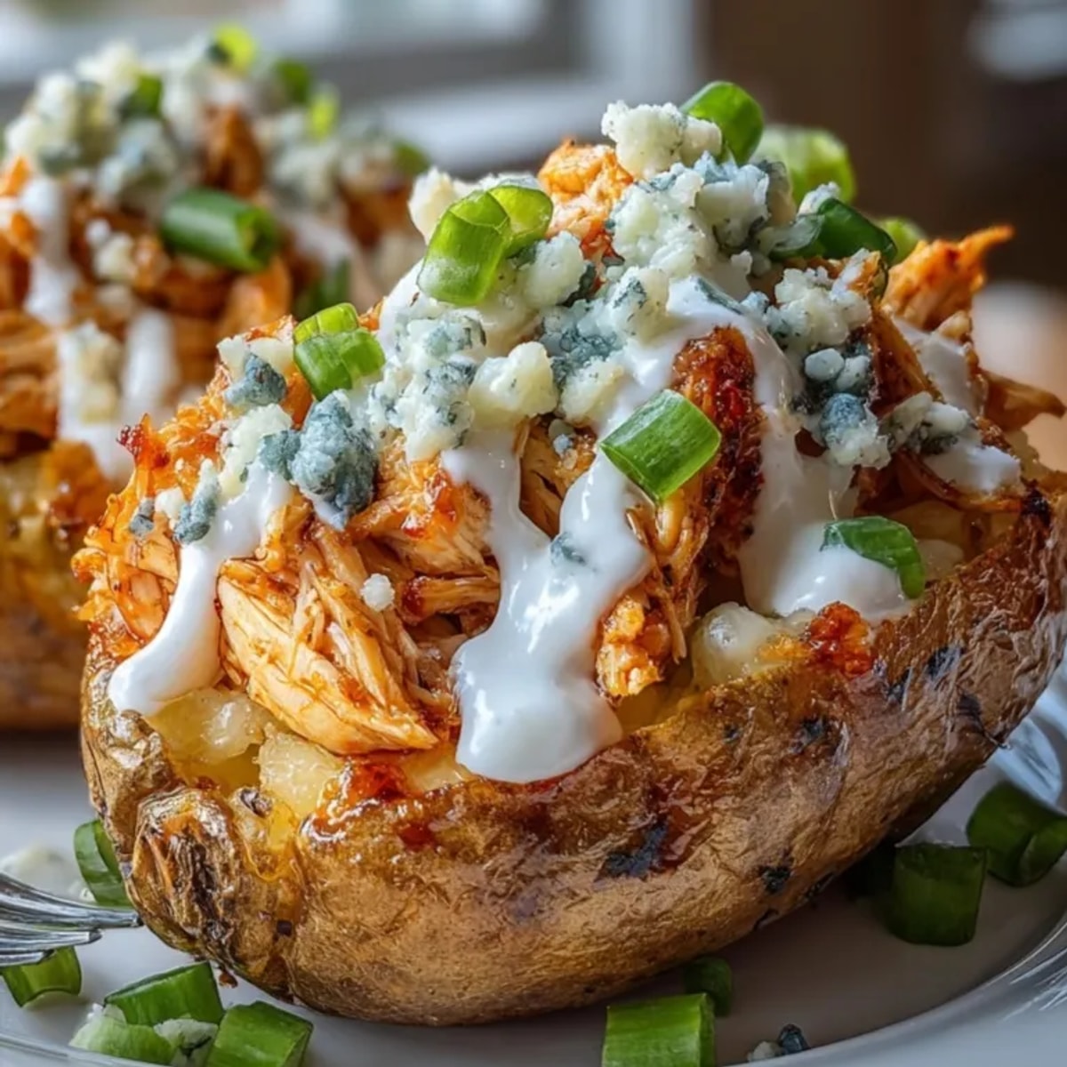 Crispy Buffalo Chicken Potato Skins with creamy blue cheese, a perfect appetizer.