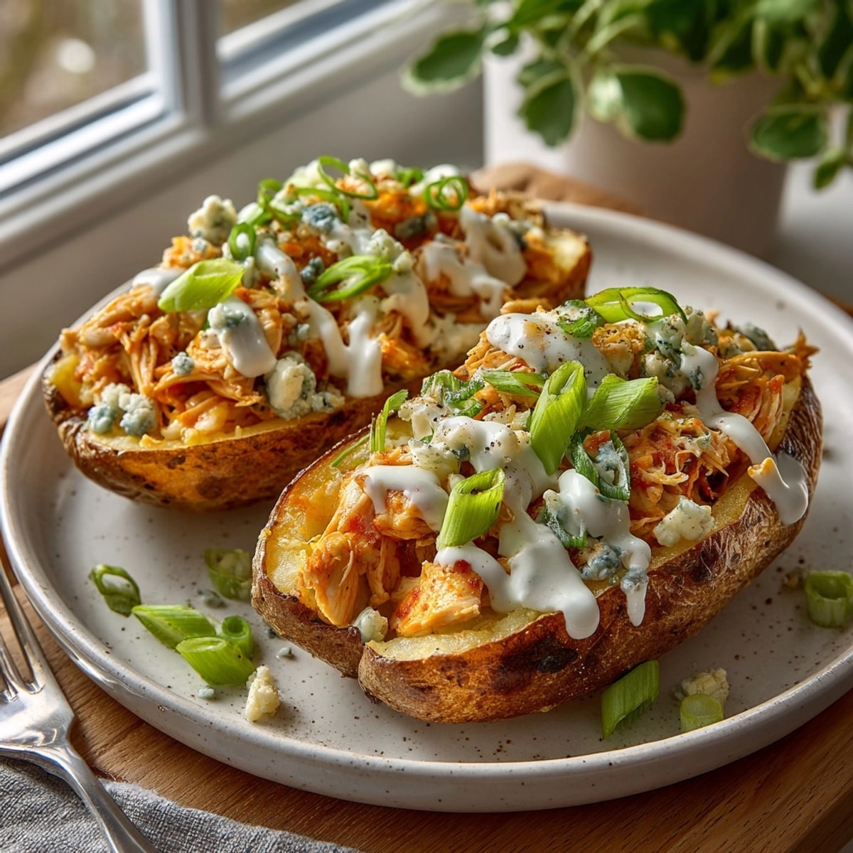 Golden brown Buffalo Chicken Potato Skins loaded high, ready for game day!