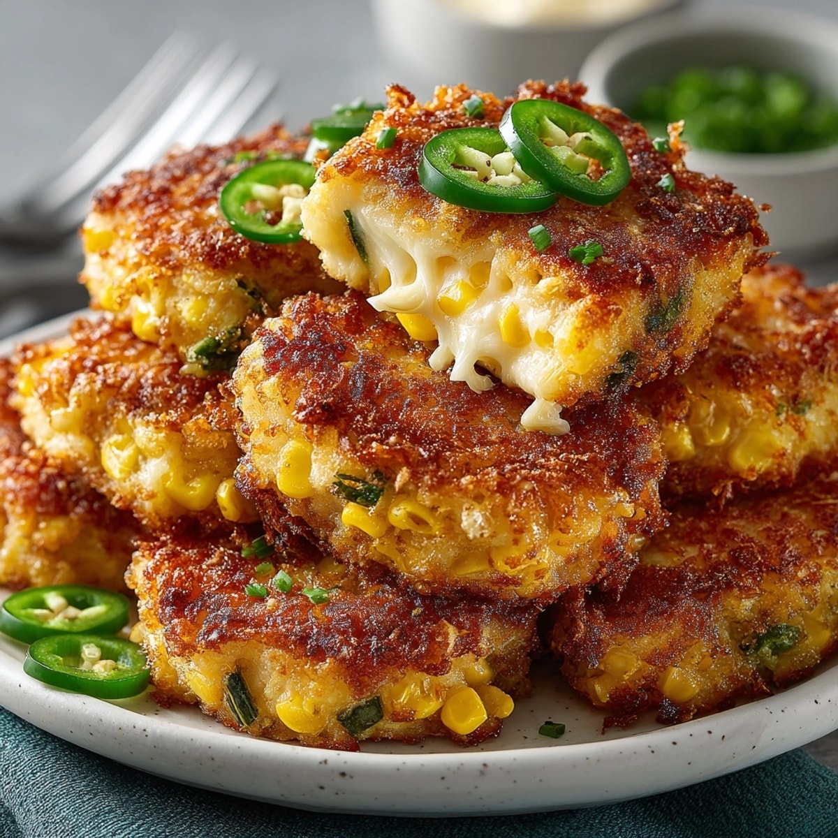 Golden Cheddar & Jalapeño Corn Fritter Bites, crispy fried and ready for dipping.