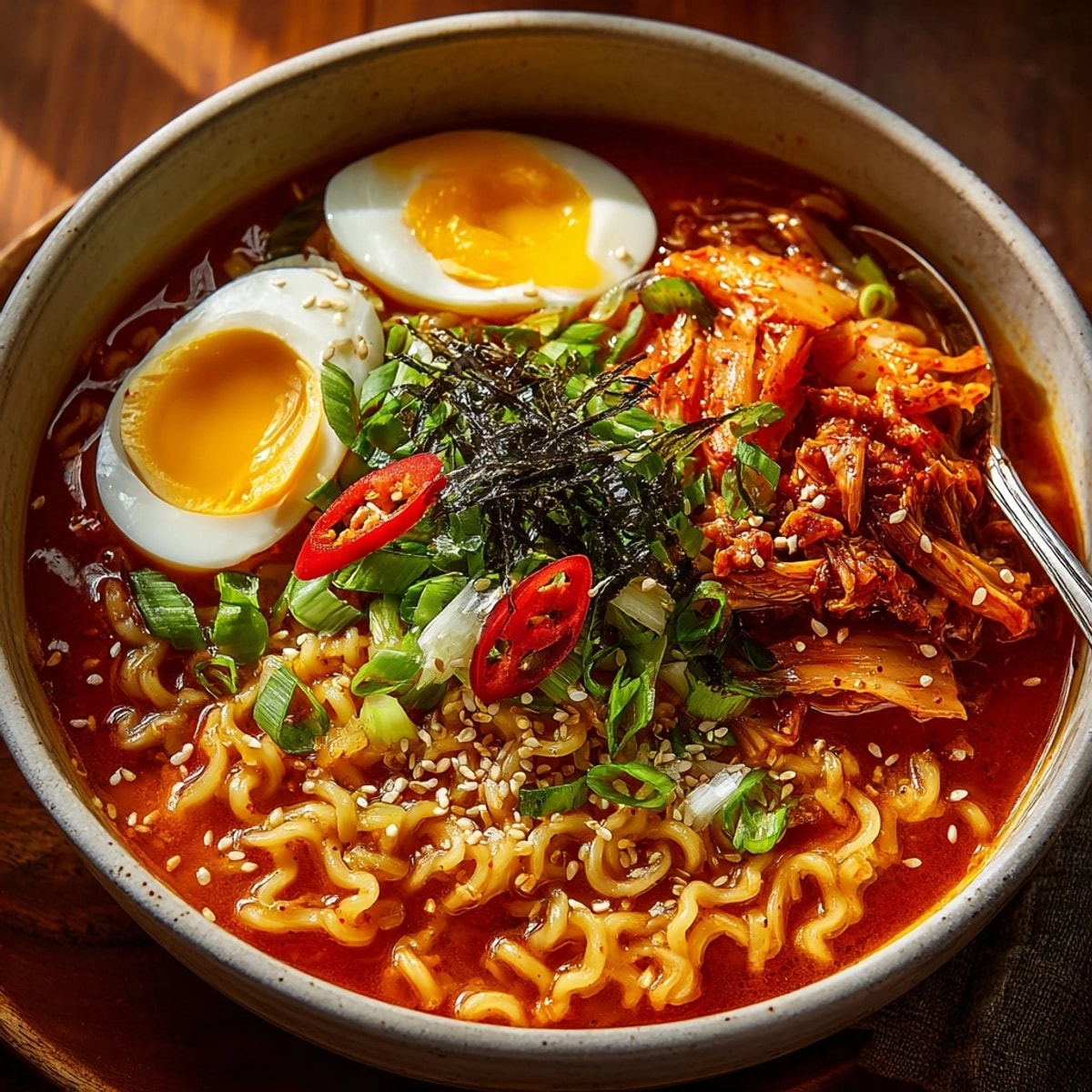 Steaming Spicy Kimchi Ramen Bowl: A comforting weeknight dinner, richly flavored and aromatic.