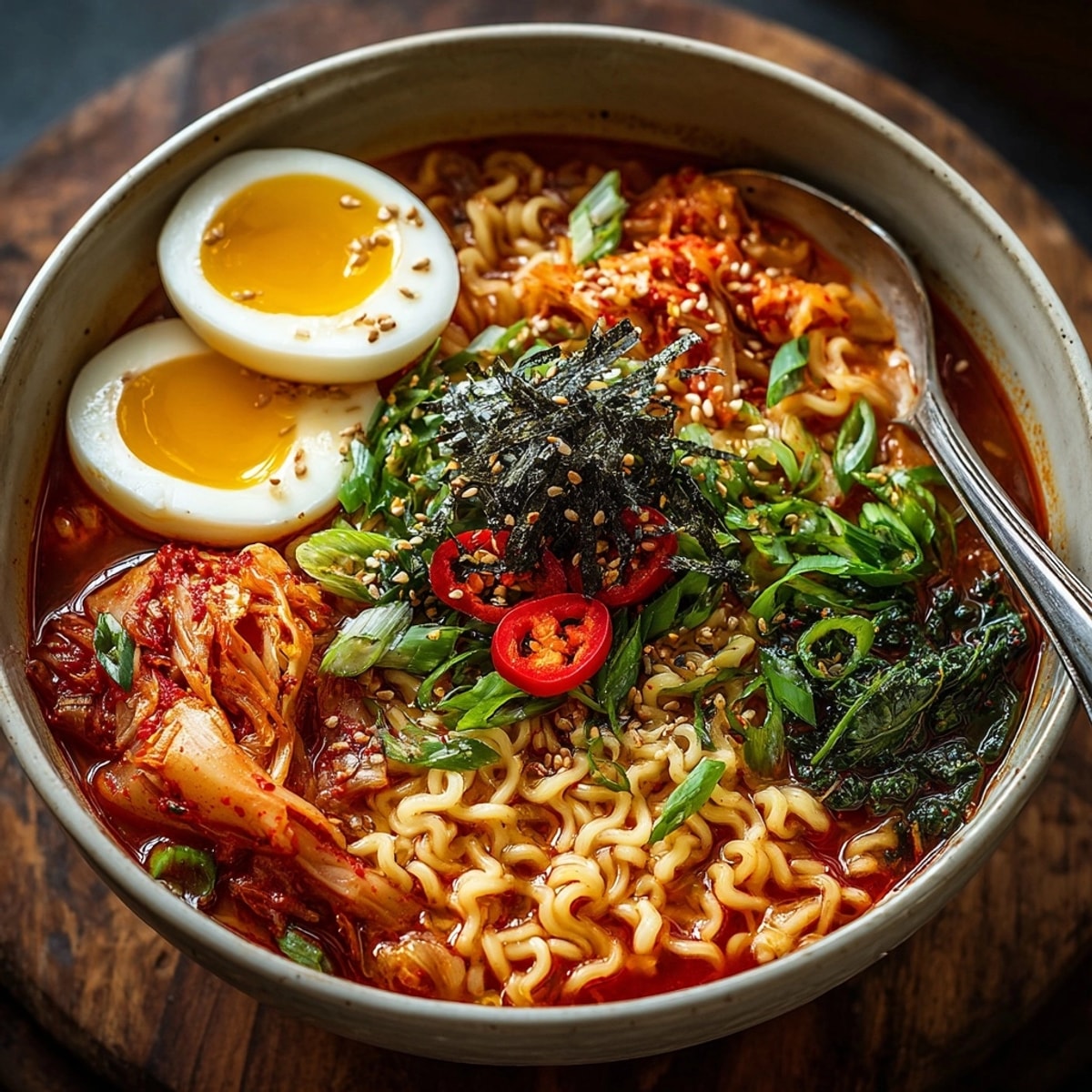 Homemade Spicy Kimchi Ramen Bowl with perfectly cooked soft egg and vibrant garnishes.