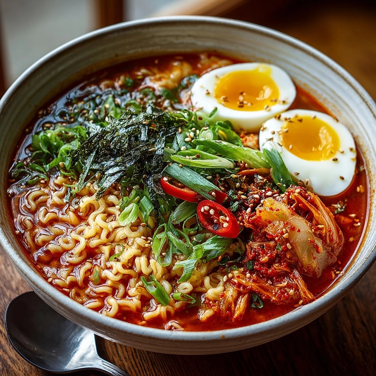 Close-up of Spicy Kimchi Ramen Bowl, noodles glistening in a deeply savory, spicy broth.