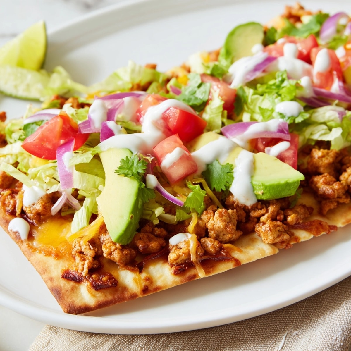 Golden, oven-baked Spicy Turkey Taco Flatbread awaits fresh toppings like diced tomatoes.