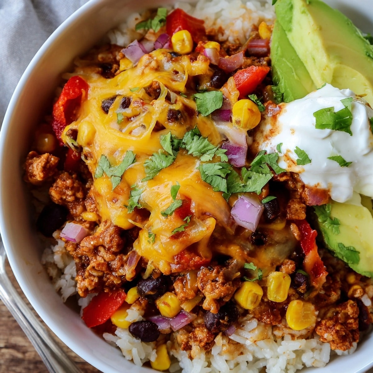 Close-up showing cheesy, steamy Microwave Enchilada Bowl, ready to be topped with fresh cilantro.