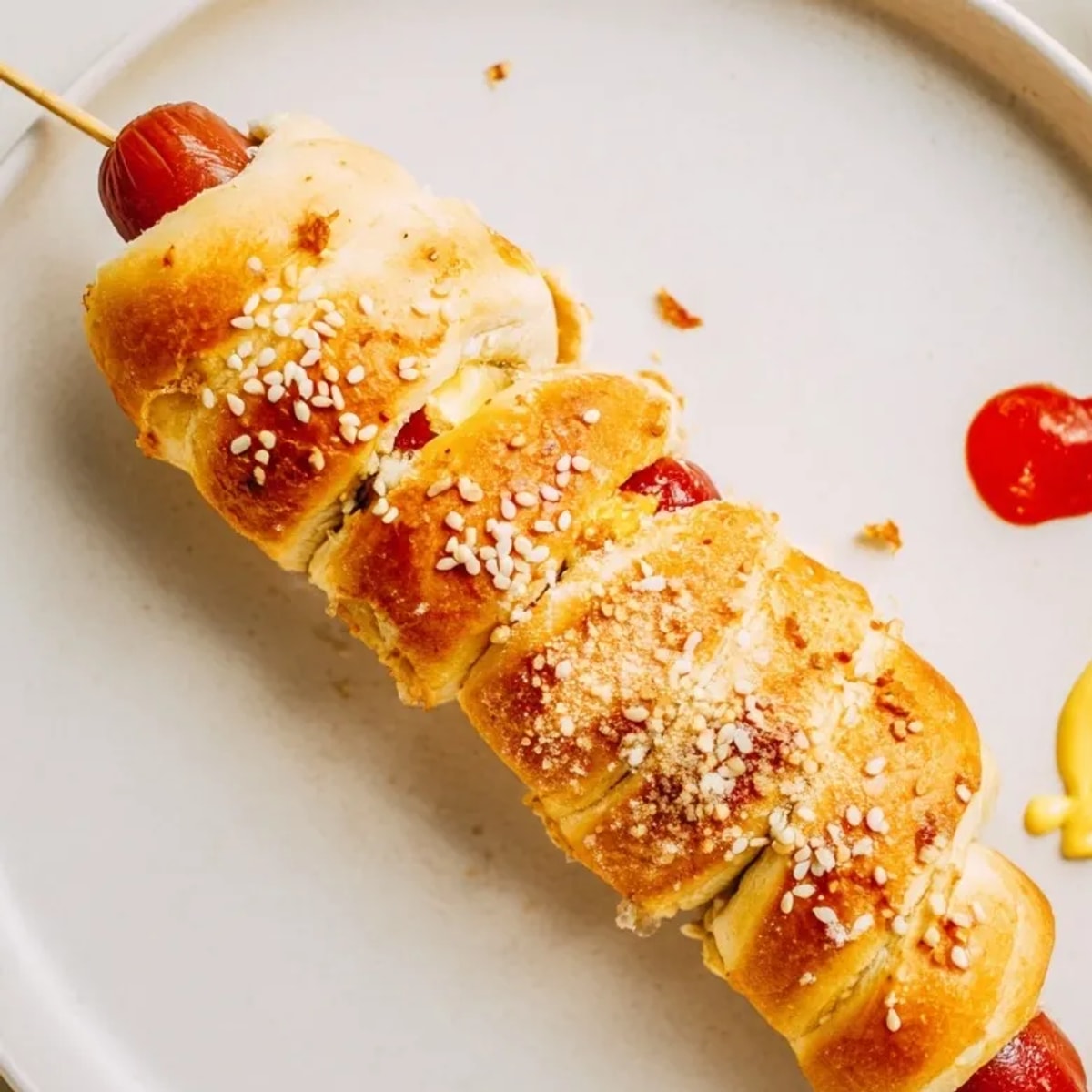 Golden-brown TikTok-Inspired Hot Dog Skewers fresh from the oven, topped with parmesan cheese.