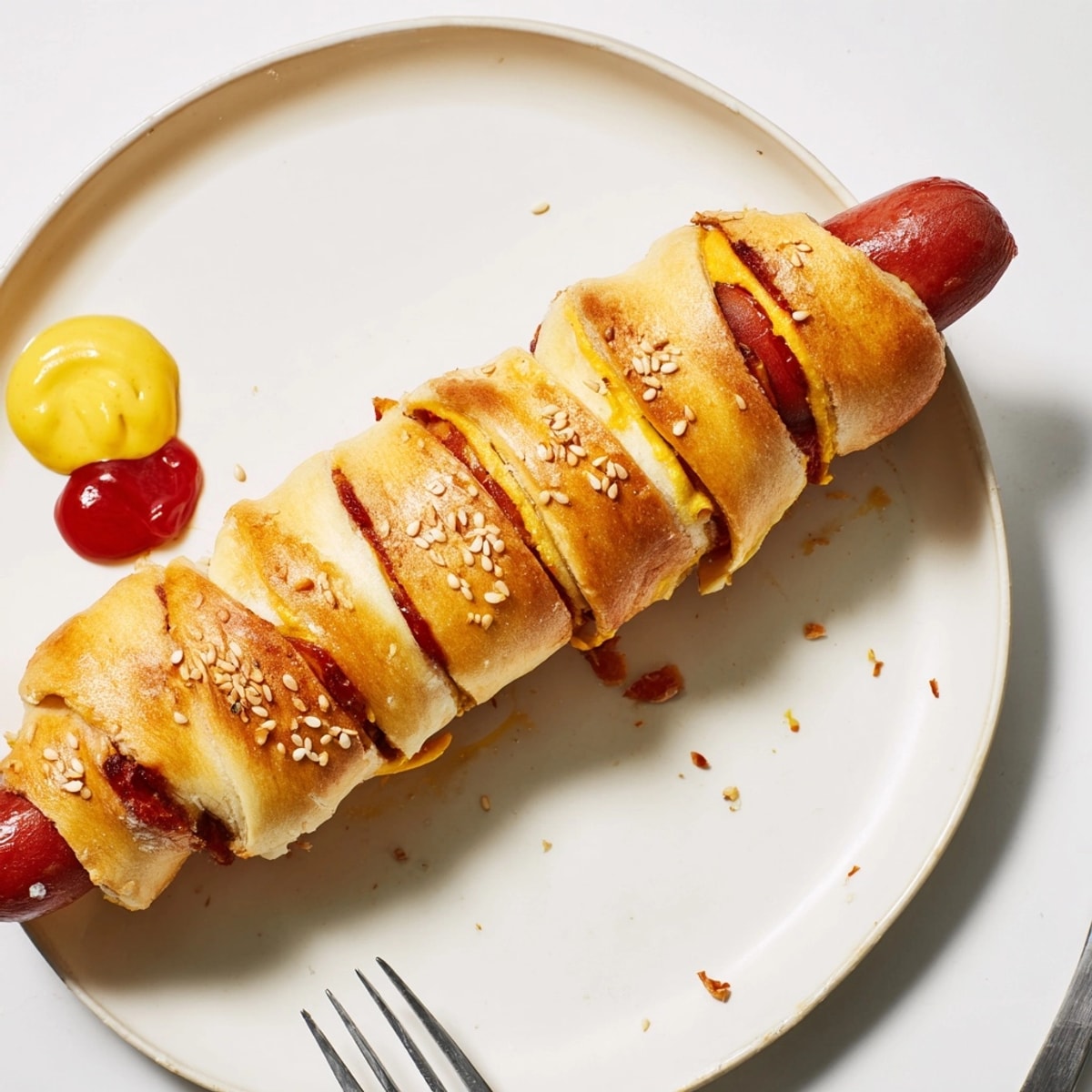 Crispy baked TikTok-Inspired Hot Dog Skewers, dough spiraled around juicy franks and sprinkled with sesame.