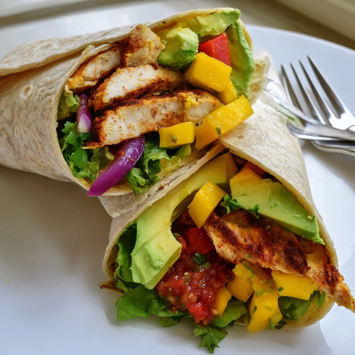 Close-up of a fresh Mango Avocado Chicken Burrito, bursting with vibrant colors.