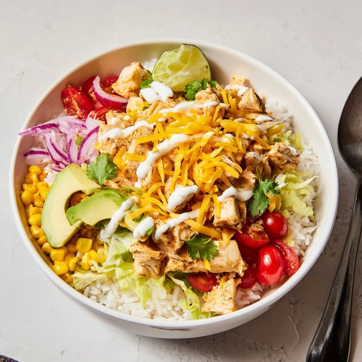 Golden, flaky Cajun fish tops rice, veggies, cheese: Cheesy Cajun Fish Taco Bowls.