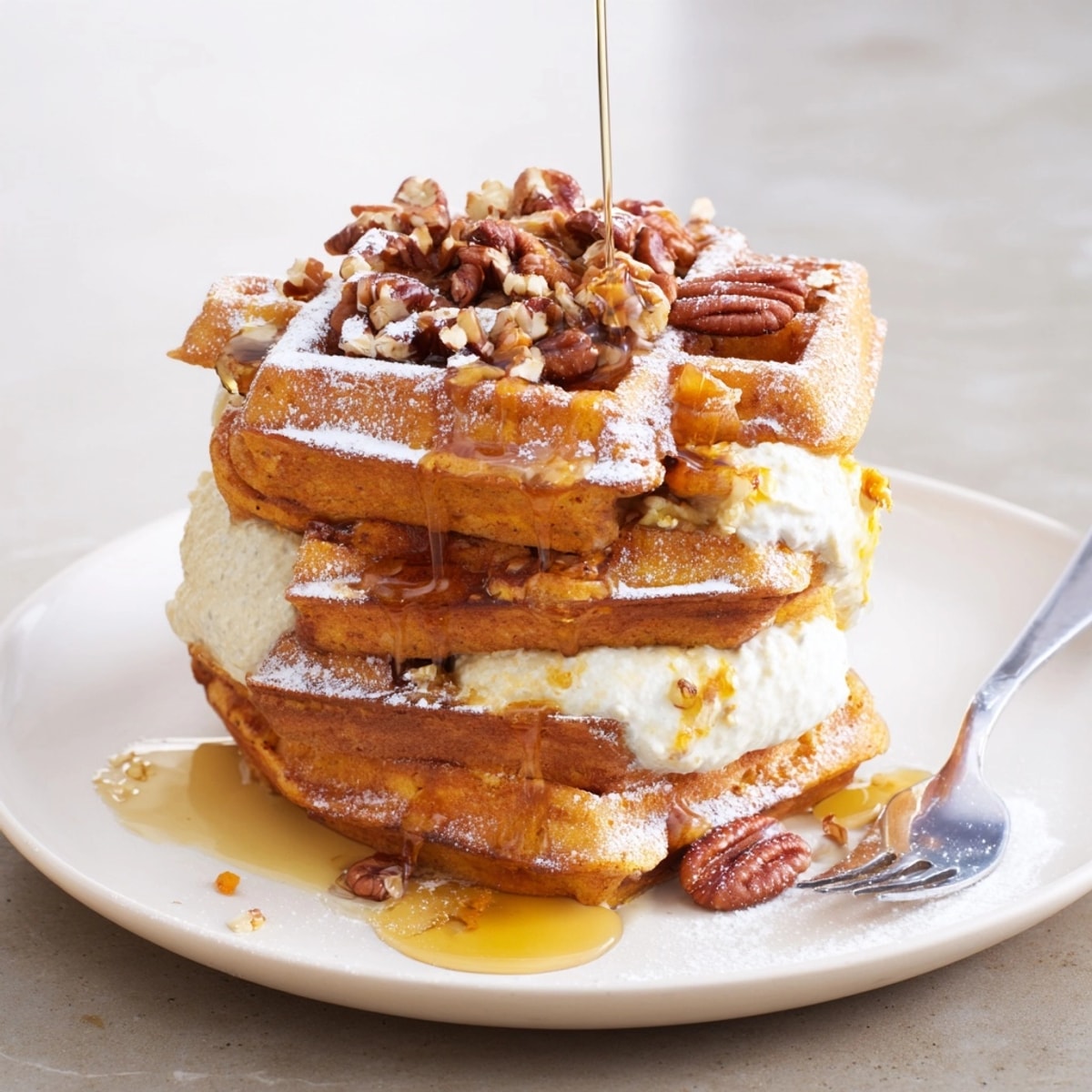 Golden Ricotta Pumpkin Waffle Stacks, ready for brunch, topped with pecans and syrup.