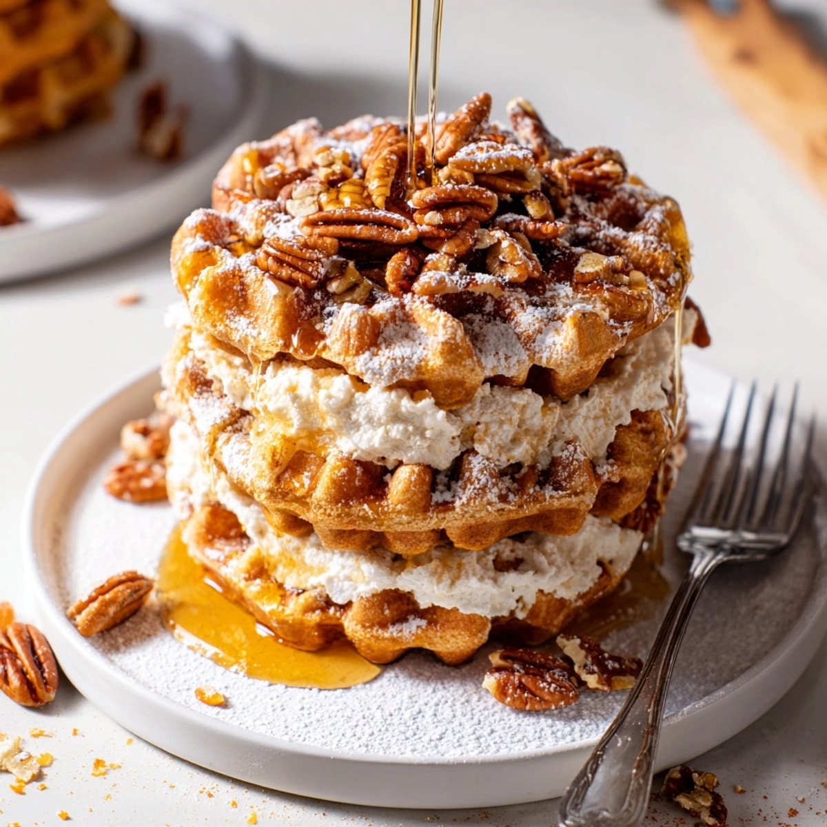 Elevated view of homemade Ricotta Pumpkin Waffle Stacks, drizzled maple, powdered sugar touch.
