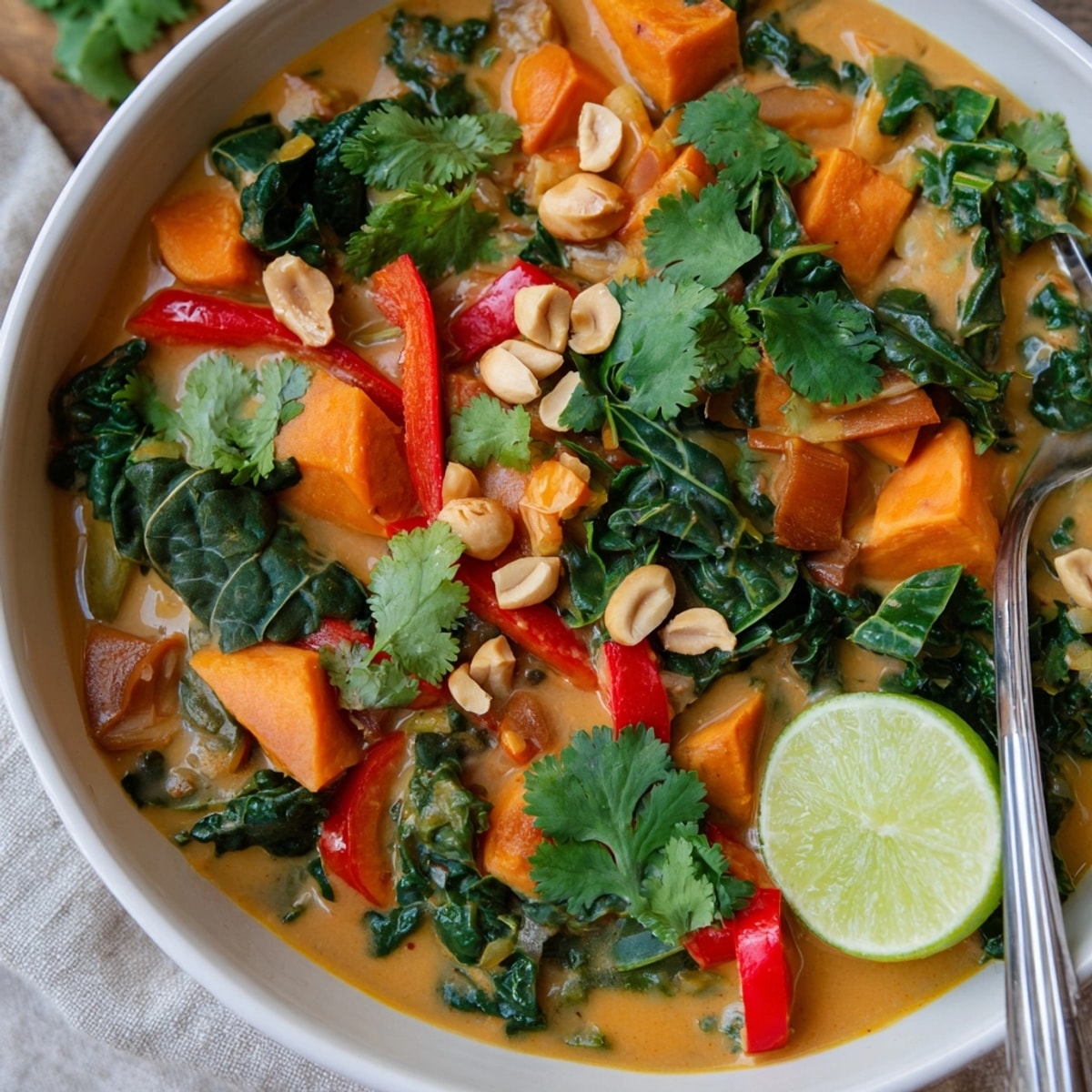 Creamy Thai Peanut Kale Veggie Stew simmering, ready to serve with fresh cilantro.