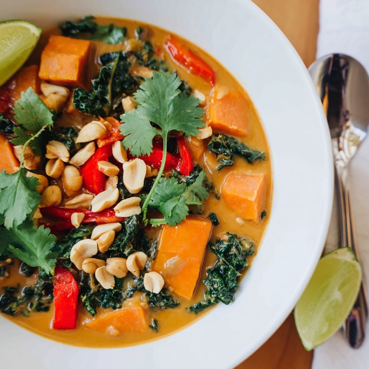 Close-up of savory Thai Peanut Kale Veggie Stew, loaded with hearty, tender veggies.