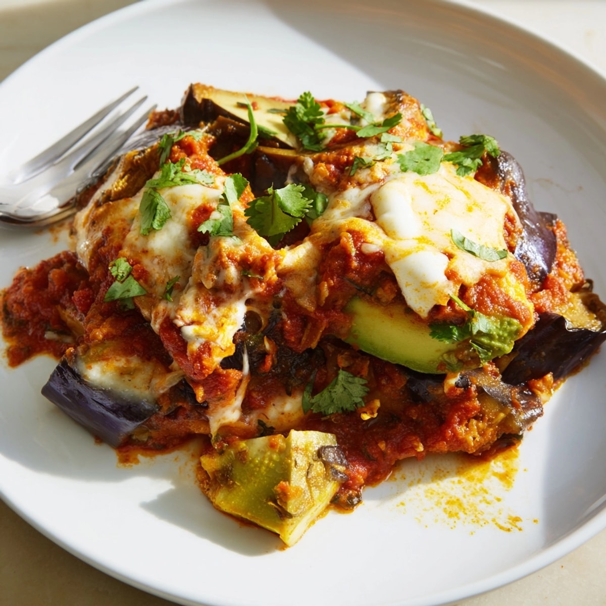 A warm dish of Avocado Eggplant Curry Bake with creamy coconut milk and cilantro.