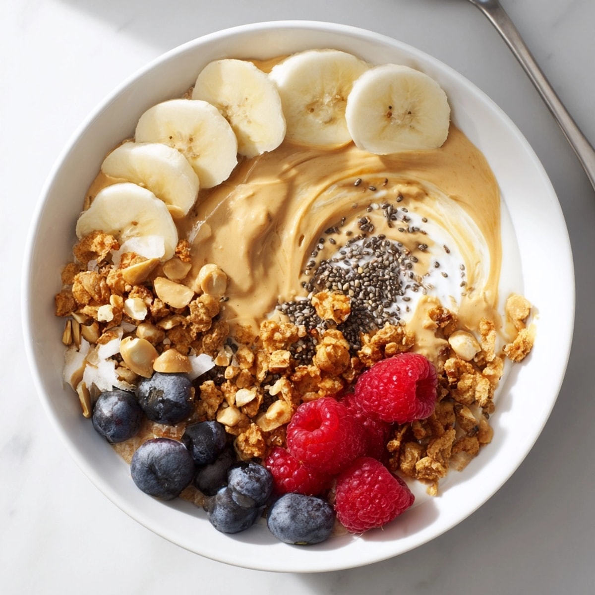 Close-up of a vibrant Protein Peanut Butter Breakfast Bowl topped with berries and granola.