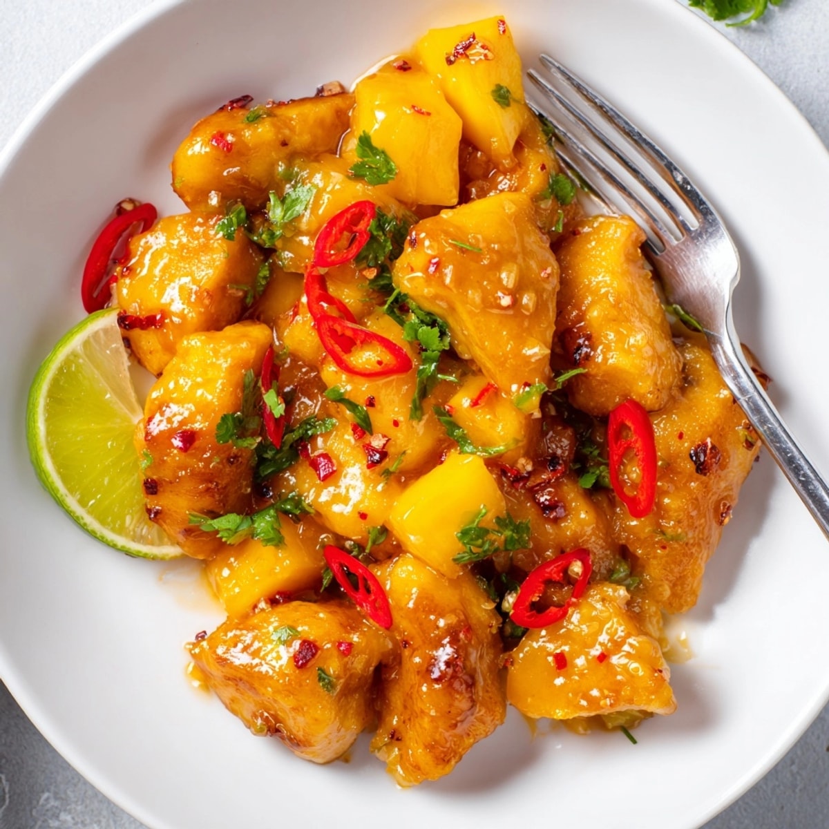 Golden Mango Chili Garlic Chicken Skillet simmering, glistening with honey-lime glaze and fresh herbs appeal.