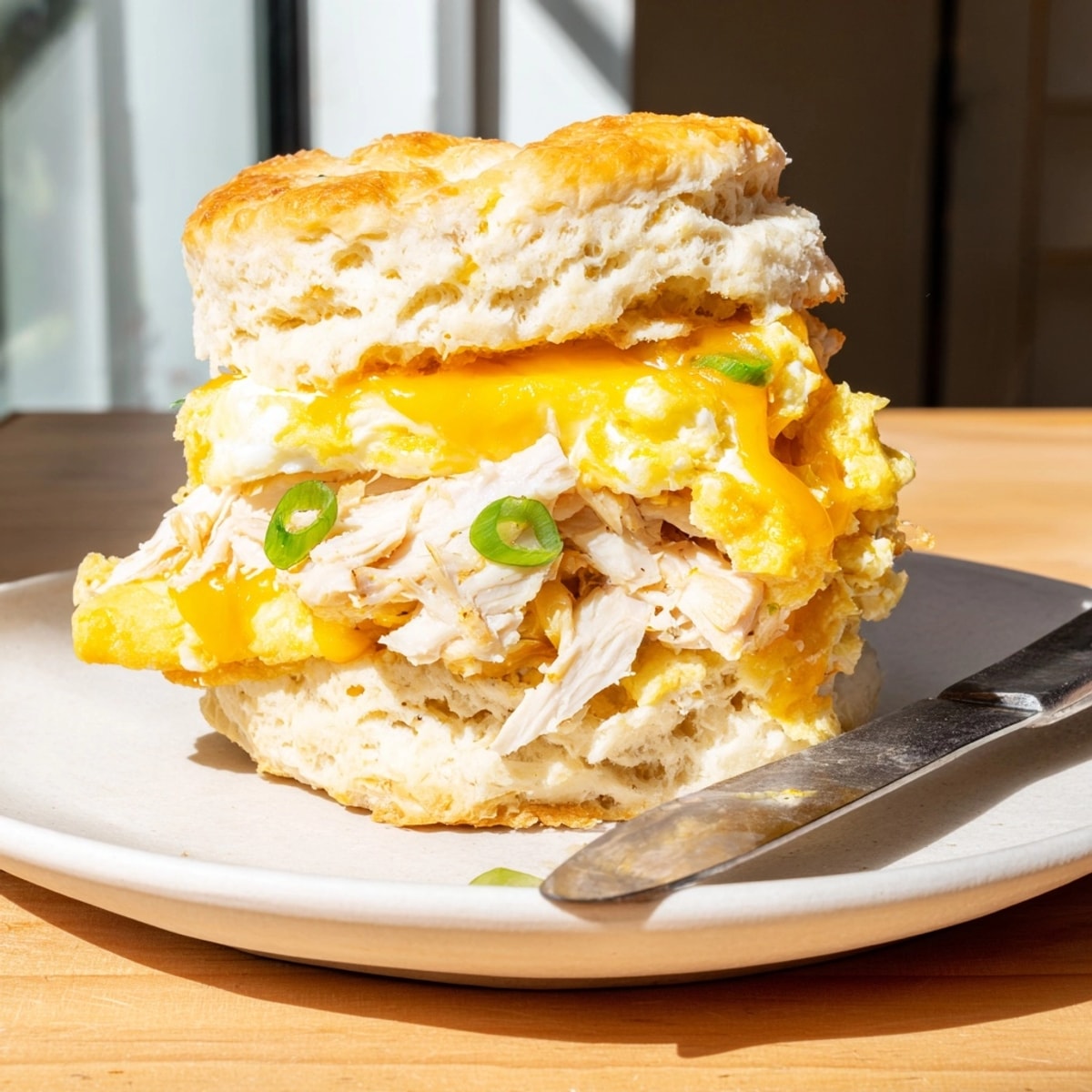 Golden Cajun chicken breakfast biscuits, flaky layers visible, dripping with melted cheddar.