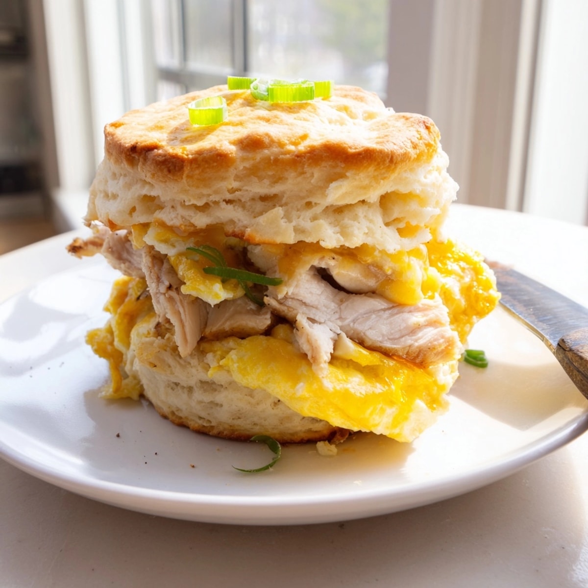 Freshly baked Cajun Chicken Breakfast Biscuits, fluffy and warm, loaded with flavorful fillings.