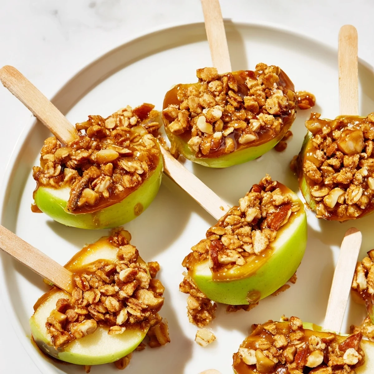 Delicious Caramel Apple Granola Pops drizzled with creamy caramel and crunchy granola.  