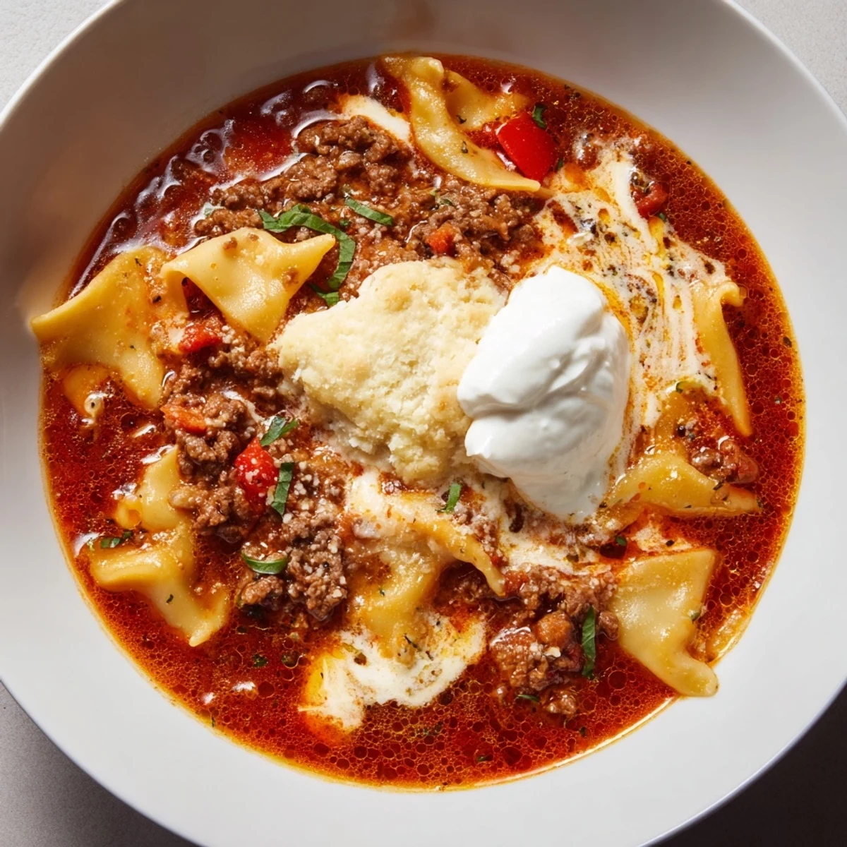 Hearty lasagne soup topped with cheesy biscuit melts, perfect for chilly dinners.  