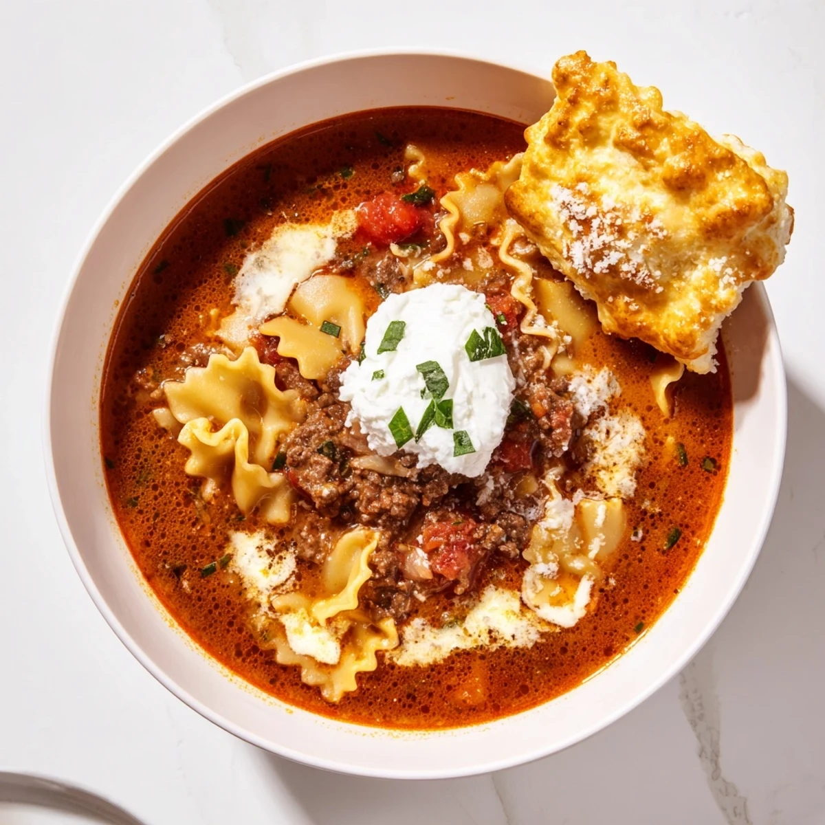 A warm bowl of lasagne soup and golden biscuit melts, ideal for family meals.  