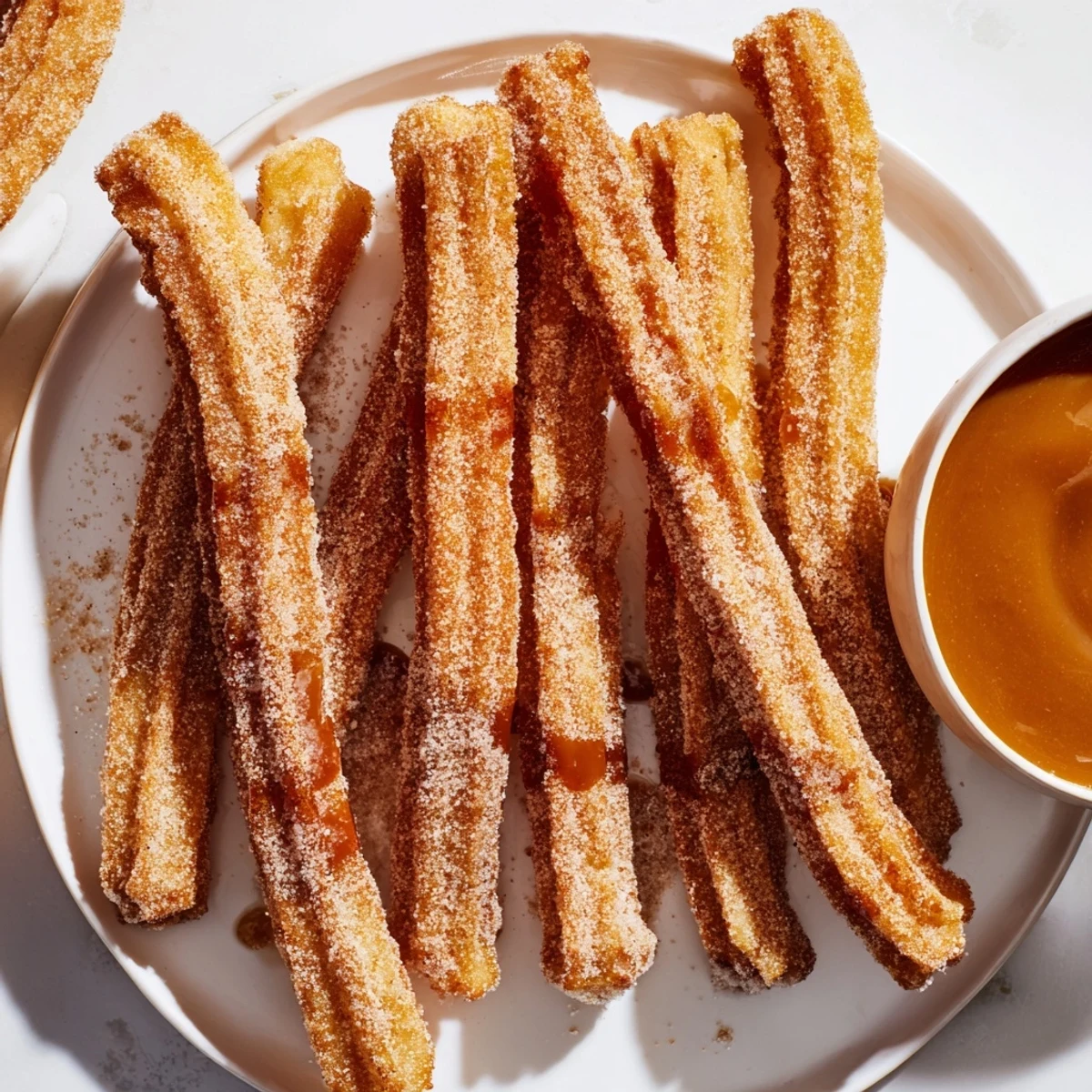 Crispy caramel spiced apple churros dipped in rich caramel sauce, perfect for fall.  