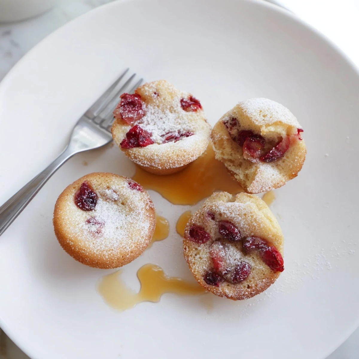 Chewy cranberry mochi muffin blinis served warm with maple syrup drizzle.  