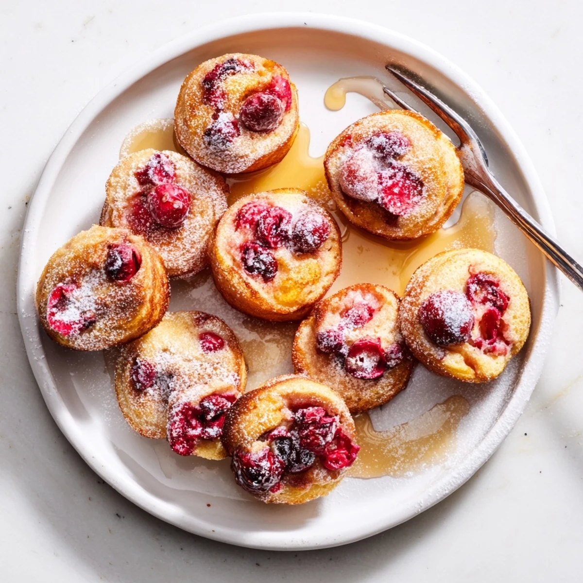 Deliciously soft cranberry mochi muffin blinis, dusted with powdered sugar for brunch.