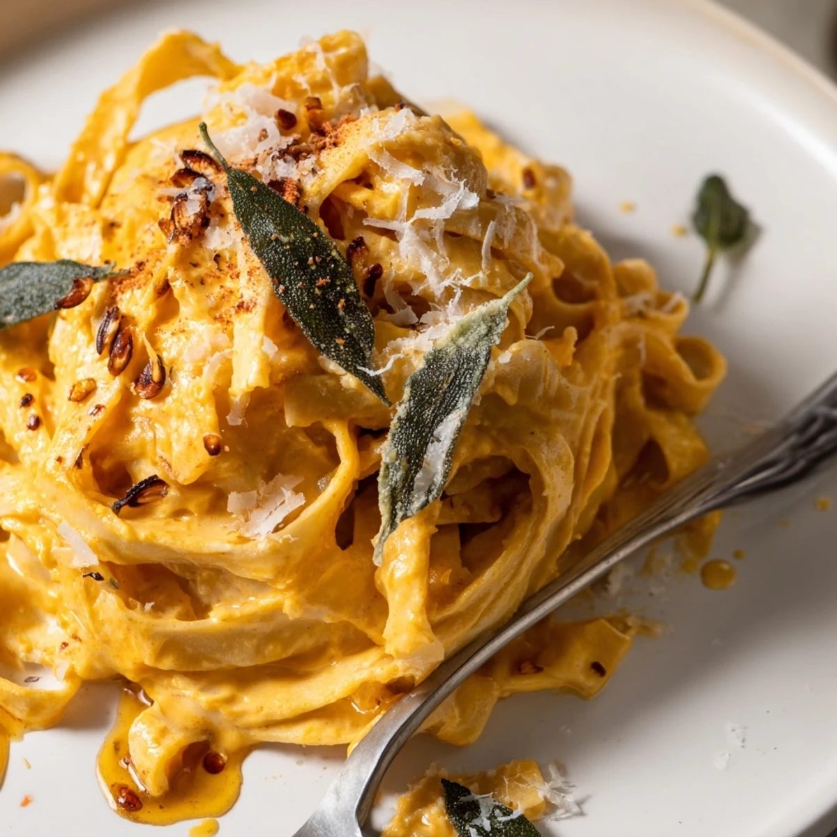 Cozy festive pumpkin pasta with sage brown butter drizzled for autumn comfort.  