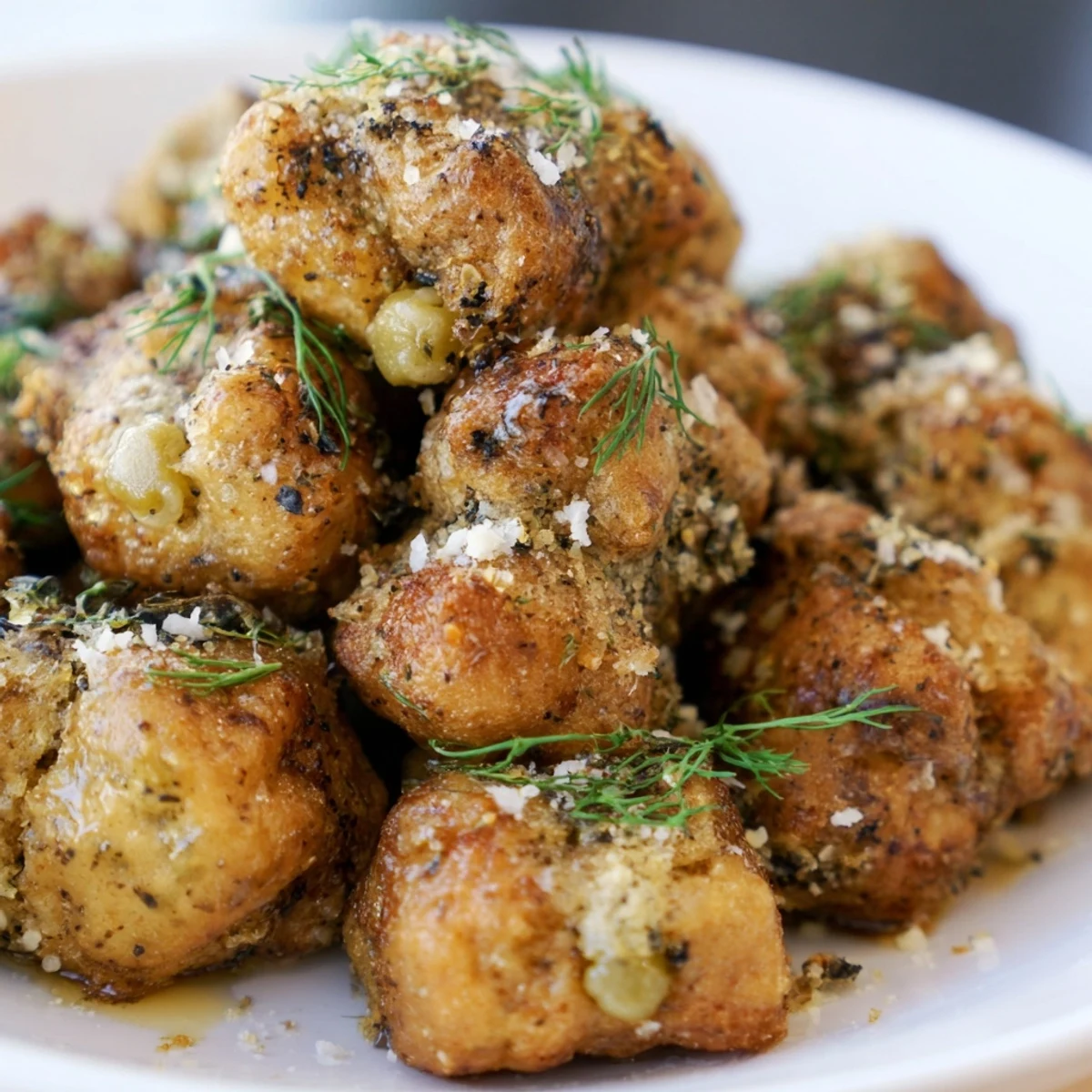 Savory Pickle Ranch Monkey Bread Donuts drizzled with melted butter and Parmesan.  